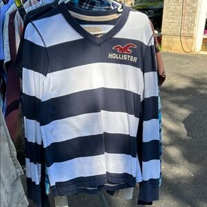 Men’s Hollister Blue and White Striped V-Neck Sweater